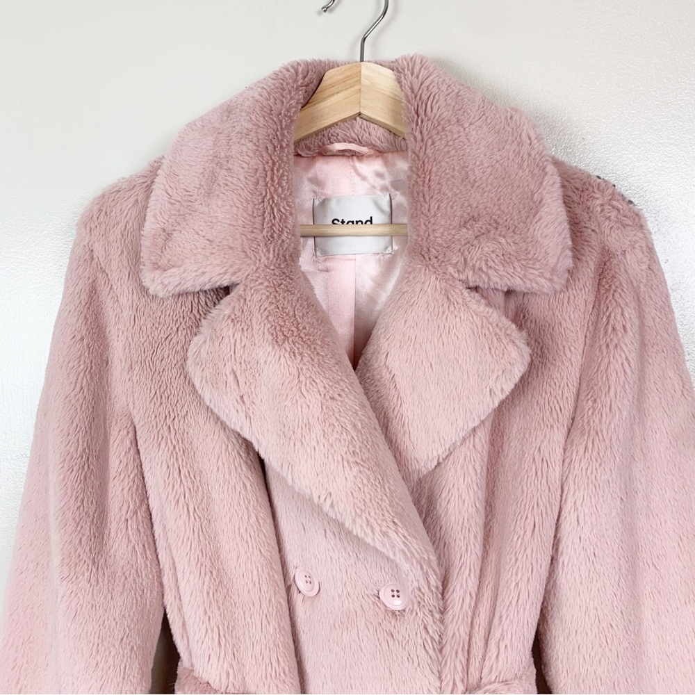 STAND STUDIO Fausta Jacket Faux Fur Colorblock Double Breasted Waist Tie M - Picture 5 of 16